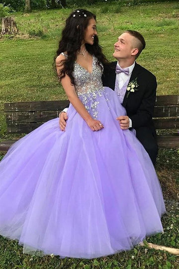 A-Line V-Neck Sweep Train Beaded Prom Dress HZ1023